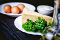 Ingredients for cooking scrambled eggs with cheese, the restaurant kitchen Royalty Free Stock Photo