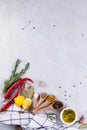 Ingredients for cooking. Selection of spices and herbs Food background on gray table. Royalty Free Stock Photo