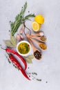 Ingredients for cooking. Selection of spices and herbs Food background on gray table. Royalty Free Stock Photo