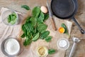 Ingredients cooking spinach pancakes top view Gluten free spin R