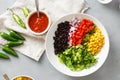 Ingredients cooking taco salad gray concrete background top view