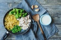 ingredients for cooking tasty one pot italian pasta with broccoli Royalty Free Stock Photo