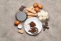 Ingredients for cooking tiramisu - Savoiardi biscuit cookies, mascarpone, cream, sugar, cocoa, coffee and egg Royalty Free Stock Photo