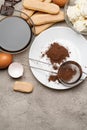 Ingredients for cooking tiramisu - Savoiardi biscuit cookies, mascarpone, cream, sugar, cocoa, coffee and egg Royalty Free Stock Photo