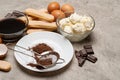 Ingredients for cooking tiramisu - Savoiardi biscuit cookies, mascarpone, cream, sugar, cocoa, coffee and egg Royalty Free Stock Photo