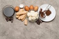 Ingredients for cooking tiramisu - Savoiardi biscuit cookies, mascarpone, cream, sugar, cocoa, coffee and egg Royalty Free Stock Photo