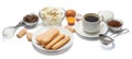 Ingredients for cooking tiramisu - Savoiardi biscuit cookies, mascarpone, cream, sugar, cocoa, coffee and egg Royalty Free Stock Photo