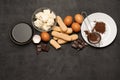 Ingredients for cooking tiramisu - Savoiardi biscuit cookies, mascarpone, cream, sugar, cocoa, coffee and egg Royalty Free Stock Photo