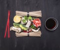 Ingredients for cooking Traditional Japanese buckwheat soba noodles with oyster mushrooms, cilantro, lemon and ginger, red chopsti Royalty Free Stock Photo