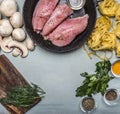 Ingredients for cooking a turkey mushrooms herb seasoning paste on an old frying pan rustic wooden background top view