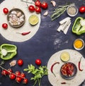 Ingredients for cooking vegetarian burritos lined frame, with tomatoes, pepper, spicy chili, corn, cheese and garlic border with s