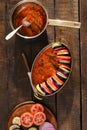 Ingredients for cooking vegetarian dish ratatouille on wooden ta Royalty Free Stock Photo