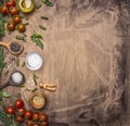 Ingredients for cooking vegetarian food cherry tomatoes, wild rice, spices, salt border ,place text on wooden rustic backgrou