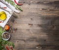 Ingredients for cooking vegetarian food, tomatoes, butter, herbs, colorful peppers on wooden rustic background top view border, pl Royalty Free Stock Photo