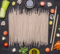 Ingredients for cooking vegetarian Korean food, onions, lettuce, cherry tomatoes, mushrooms, chopsticks place text, frame on Royalty Free Stock Photo