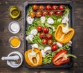 Ingredients for cooking vegetarian salad assortment of farm fresh vegetables wooden box wooden rustic background top vie Royalty Free Stock Photo