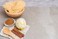 Ingredients for cooking vermicelli pudding with cinnamon. Aletria is a classic Portuguese vermicelli pudding and this is