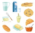 Ingredients and cookware for making dough, cookie and croissant. Process cooking doughing and mixing ingredients. Flat