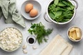 Ingredients for feta cheese and spinach filo pastry pie Royalty Free Stock Photo