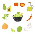 Ingredients for guacamole in cartoon flat style. Hand drawn vector illustration of mexican traditional food with set of Royalty Free Stock Photo