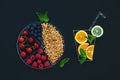 Ingredients for a healthy breakfast. Granola, berries and fruits Royalty Free Stock Photo