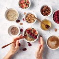 Ingredients for a healthy breakfast, oatmeal with raspberries, figs, pecans, almonds, flax seeds, chia seeds with honey and coffee Royalty Free Stock Photo