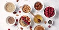 Ingredients for a healthy breakfast, oatmeal with raspberries, figs, pecans, almonds, flax seeds, chia seeds with honey and coffee Royalty Free Stock Photo