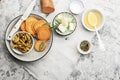 Ingredients for a healthy and comfortable diet: slices of fresh raw sweet potato, honey, walnuts, rosemary cheese, sage Royalty Free Stock Photo