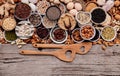 Ingredients for the healthy foods selection in ceramic bowl. The concept of superfoods set up on white shabby wooden background Royalty Free Stock Photo