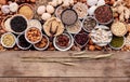 Ingredients for the healthy foods selection in ceramic bowl. The concept of superfoods set up on white shabby wooden background Royalty Free Stock Photo