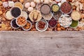 Ingredients for the healthy foods selection in ceramic bowl. The concept of superfoods set up on white shabby wooden background Royalty Free Stock Photo