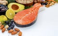 Ingredients for the healthy foods selection. The concept of healthy food set up on white wooden background