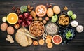 Ingredients for the healthy foods selection. The concept of healthy food set up on wooden background