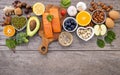 Ingredients for the healthy foods selection .The concept of healthy food set up on wooden background copy space