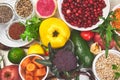 Ingredients for the healthy foods selection, concept of healthy food set up on white wooden background. Royalty Free Stock Photo