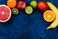 Ingredients for the healthy foods selection.Mix of different fruits grapefruit, kiwi, tangerine, apple, lime, sicilian Royalty Free Stock Photo