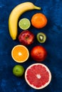 Ingredients for the healthy foods selection.Mix of different fruits grapefruit, kiwi, tangerine, apple, lime, sicilian Royalty Free Stock Photo