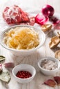 Ingredients for hearty sour cabbage soup sauerkraut soup with meat, onioc, garlic and spicies Royalty Free Stock Photo