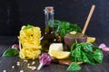 Ingredients for homemade pesto: basil, parmesan, pine nuts, garlic, olive oil Royalty Free Stock Photo