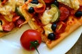 Ingredients for homemade pizza with fresh tomatoes, peppers, olives, mushrooms and cheese Royalty Free Stock Photo