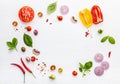 The ingredients for homemade pizza on white wooden background Royalty Free Stock Photo