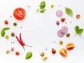 The ingredients for homemade pizza on white wooden background Royalty Free Stock Photo