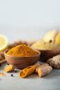 Ingredients for hot ayurvedic drink. Turmeric powder, curcuma root, cinnamon, ginger, lemon over grey background. Copy Royalty Free Stock Photo