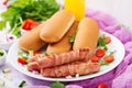 Ingredients for hot dog with sausage. bacon, cucumber, tomato and red onion Royalty Free Stock Photo