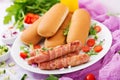 Ingredients for hot dog with sausage. bacon, cucumber, tomato and red onion Royalty Free Stock Photo