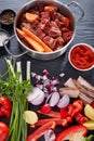 Ingredients for hungarian goulash, top view