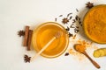 Ingredients for Indian traditional Golden milk with turmeric, ginger, spices, honey. healing effect of the drink. antiviral