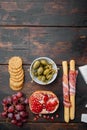 Ingredients for Italian  food, meat cheede, herbs, on dark wooden background, top view  with copy space for text Royalty Free Stock Photo