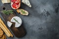 Ingredients for Italian  food, meat cheede, herbs, on gray background, flat lay  with copy space for text Royalty Free Stock Photo