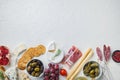 Ingredients for Italian  food, meat cheede, herbs, on white background, top view  with copy space for text Royalty Free Stock Photo